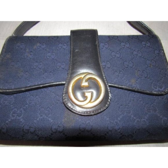 Gucci RARE BOHO Deep Blue 2-Way Clutch G Logo Print Canvas & Black Leather - Picture 3 of 12